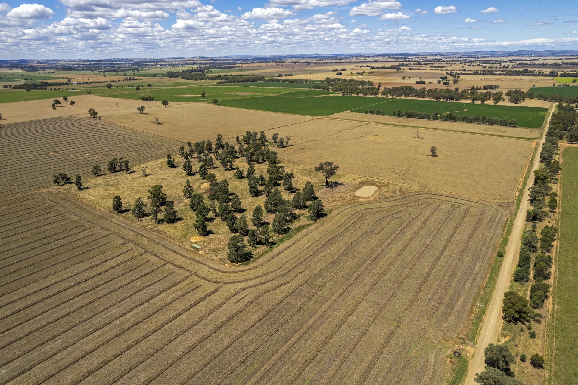 Real aerial photograph of Australian farmland at Dhulura, showing windrowed crops, green paddocks and farm tracks