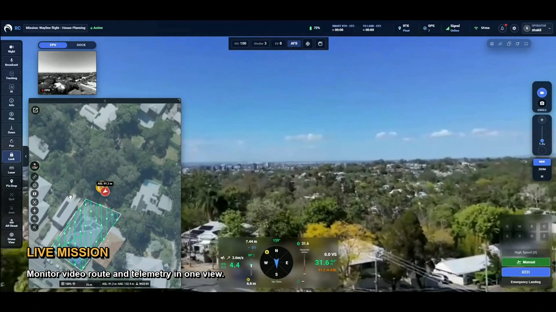 Actual SkyStream Area Route trial capture showing the live camera view, area route map and flight telemetry
