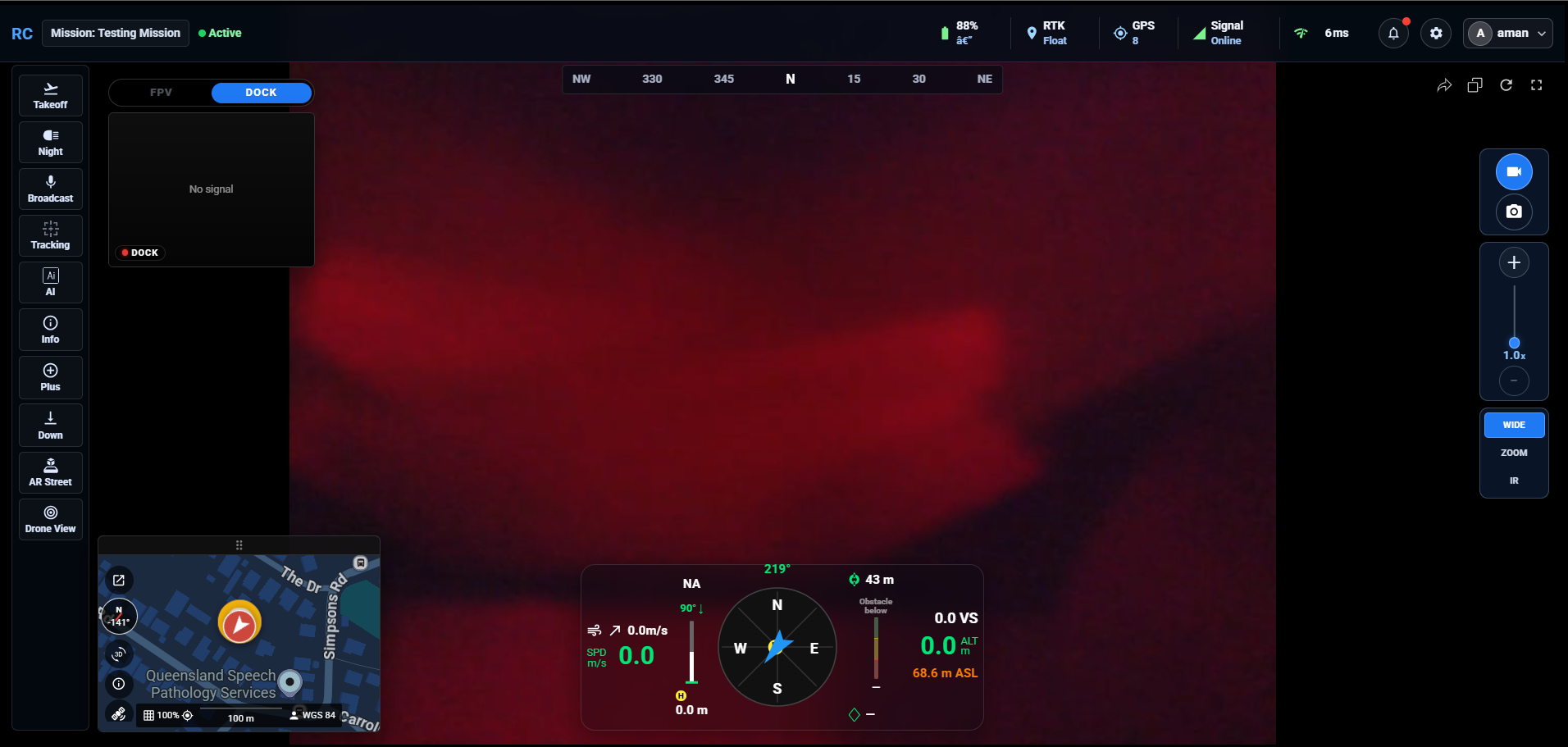 TAS remote command interface showing live mission control, telemetry, and map overlay